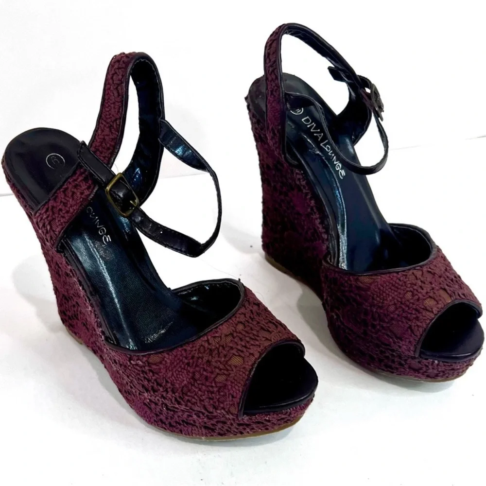 Diva Lounge Brown Lace Platform Wedge Sandals Open Toe Ankle Strap Heels w/ Box